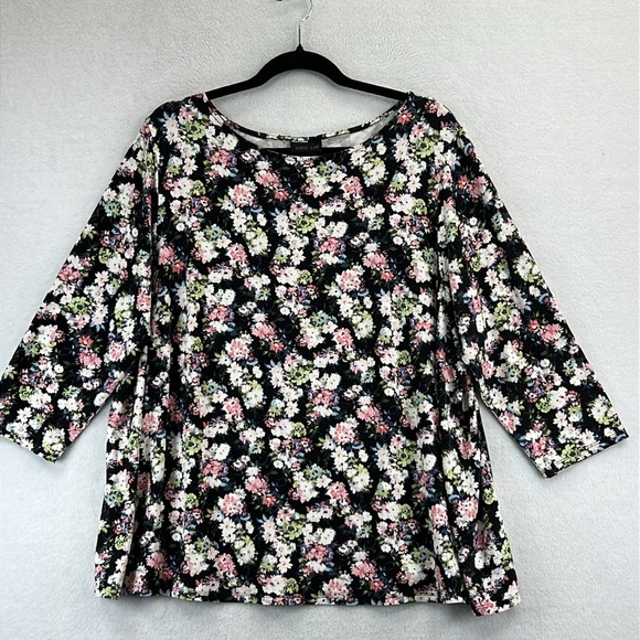 J. Jill Wearever 3/4 Sleeve Tee / Top Sz 2X Black Floral Print Rayon/Spandex EUC - Picture 1 of 10